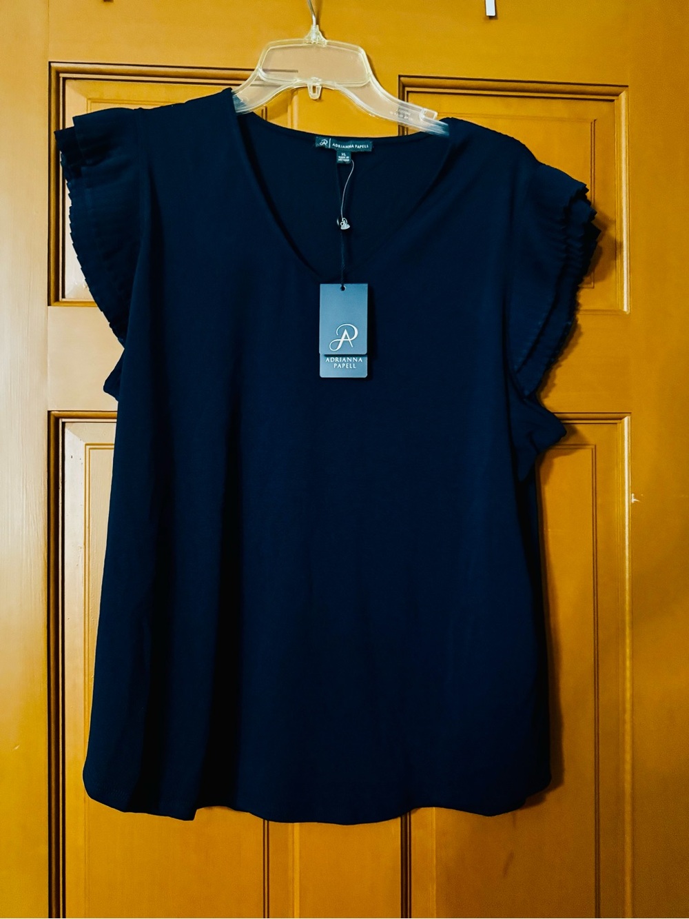 Adrianna Papell Navy Ruffle Sleeve V-Neck Top